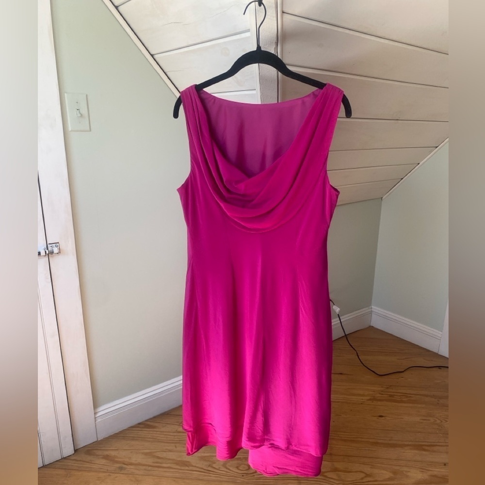 Silk Evan Picone Cocktail Dress Fuchsia Pink Drape Back Layered Skirt Sz 14 VTG - Picture 8 of 16